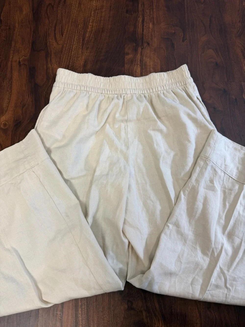 Zara Beige Linen Blend Elastic Waist Straight Leg Pleated Pants